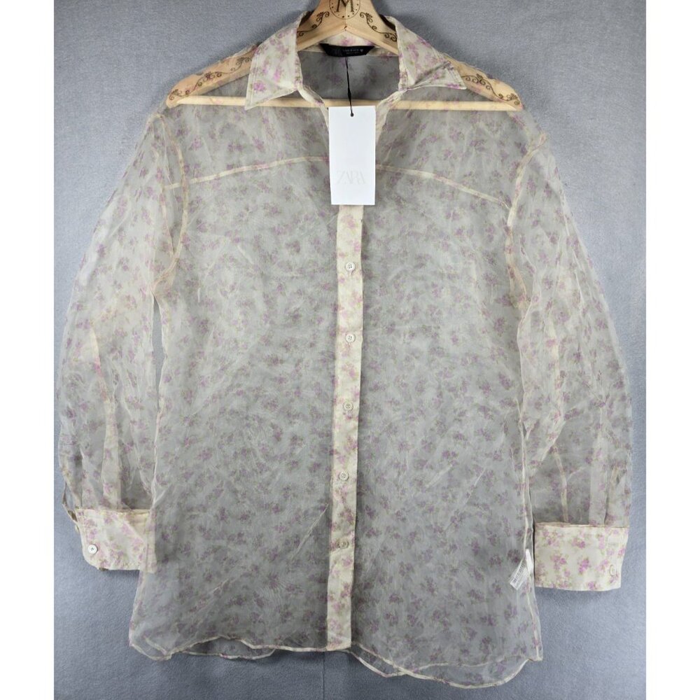 Zara XS Sheer Floral Organza Button-Up Blouse NWT Lightweight Dressy Top